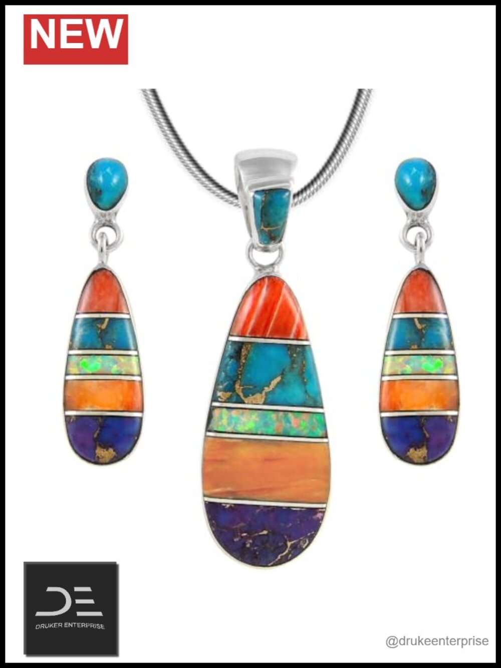 3 Piece Jewelry Set 925 Sterling Silver Turquoise and Gemstones